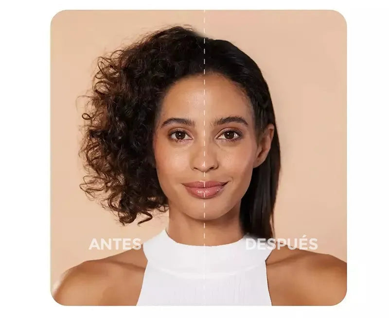 Comparación ilustrativa de cabello antes y después del peinado, ejemplo 1 de 3